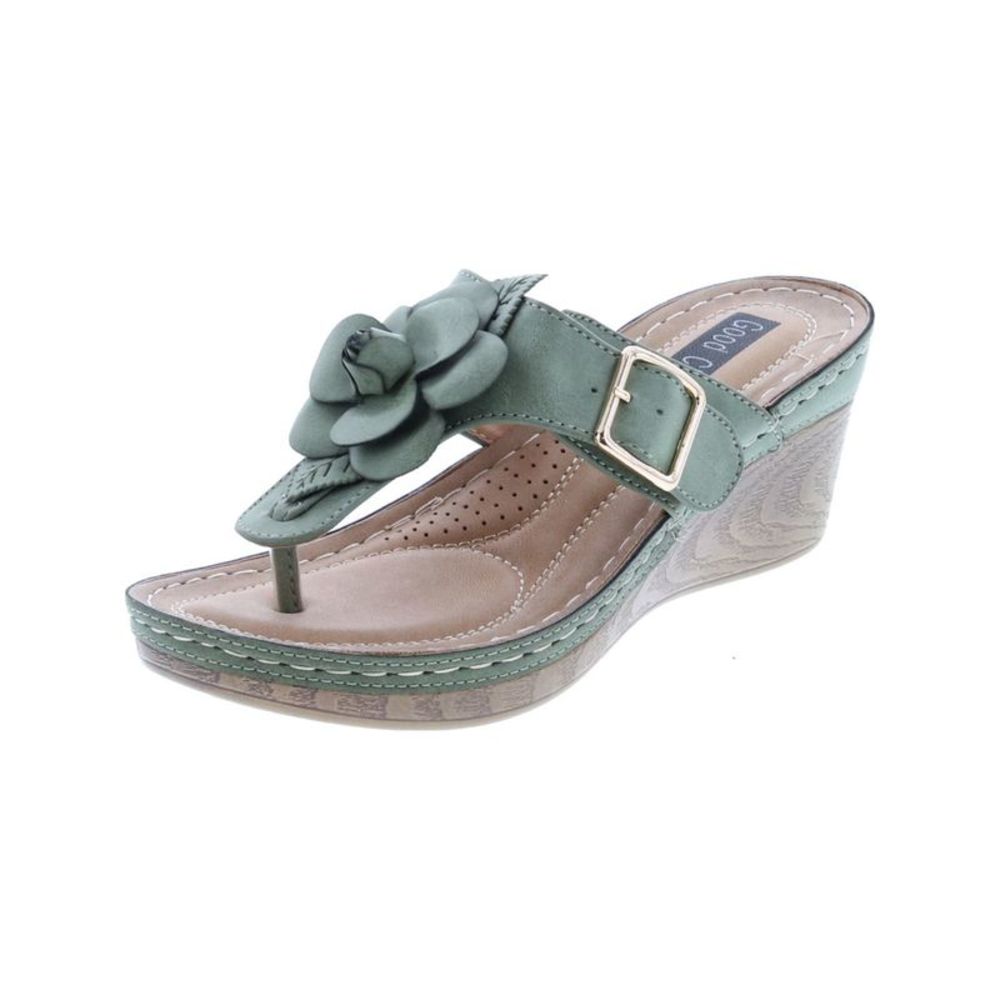 GOOD CHOICE Womens Green 1" Platform Flora Toe Wedge Slip On Thong Sandals 10